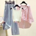 Autumn 2024 Women's Clothing Outfit Ladies Casual Loose Shirt Vest Wide Leg Denim Pants 3 Piece Sets Fashion Letter Jeans Blouse. 