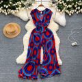 Summer Elegant Women Abstract Print Jumpsuit Chic Streetwear Wide Leg Romper Mujer V Neck Bodycon Sleeveless High Jumps. 