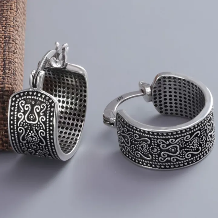 925%20Sterling%20Silver%20Texture%20Flower%20Earrings%20For%20Women%20Gothic%20Trendy%20Simple%20Retro%20Earring%20Jewelry%20Party%20Accessories%20-%20Image%202