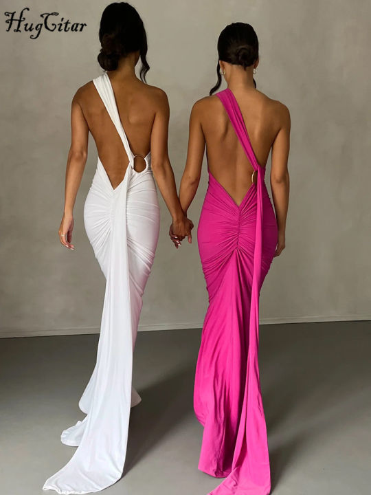 Hugcitar One Shoulder Backless Adjustable Scarf Loop Ruched Maxi Dress Women Elegant Y2K Streetwear Festival Outfit