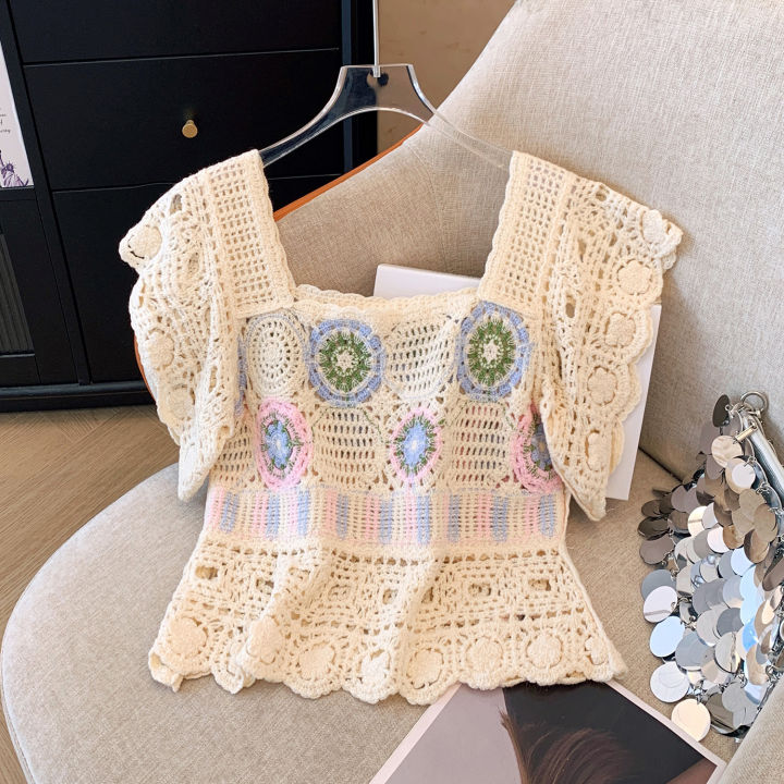 Granny%20Square%20Top%20Crochet%20Knit%20Sheer%20Embroidery%20Lace%20Square%20Neck%20Blouse%20Summer%20Women%20Teengirl%20Fairycore%20Cottagecore%20Outfit%20-%20Image%204