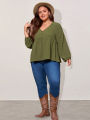 plus Size Green V-neck Women's Top Casual Commuter Wind Elegant Mature Style for Autumn 2026 New Collection.