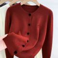 2026 Women Knitted Cardigan Bow Embroidery O-Neck Single Breasted Heart-shaped Button Sweater Korean Casual Solid Knitting Tops.