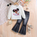 Spring and Autumn Girls' Fashion Set with White Round Neck Cartoon Printed Long Sleeve and Solid Color Slimming Pants, Two Piece. 