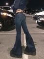 Kalevest Y2K High Street Low Rise Jeans Blue Women Pants Bootcut Pockets Jeans Streetwear Low Waist Jeans Wide Leg Pants.