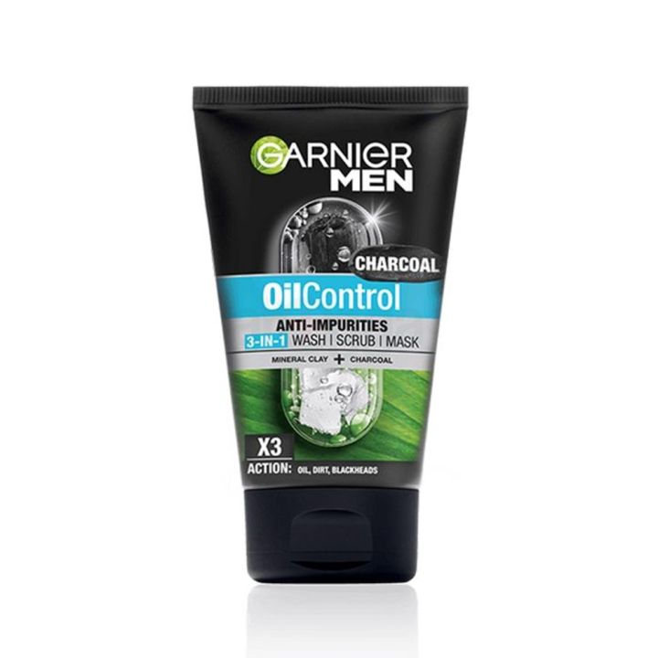 Garnier Men Anti Impurities Oil Control 3 in 1 Facewash, Scrub and Mask with Mineral Clay and Charcoal 100ml