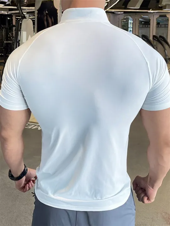 NEW%20Men's%20sports%20T-shirt%20Quick%20Dry%20Compression%20Running%20t%20Shirt%20Men%20Fitness%20short%20sleeve%20Shirt%20%20Zippered%20round%20neck%20Tights%20Tops%20-%20Image%206