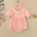 Summer female infant pink short-sleeved solid color Romper and headgear two-piece set sweet and cute. 