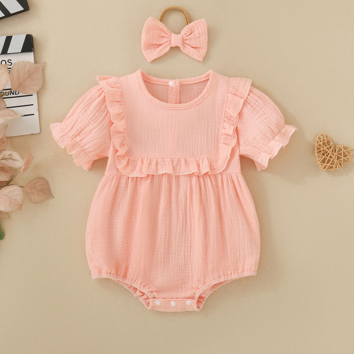 Summer female infant pink short-sleeved solid color Romper and headgear two-piece set sweet and cute