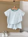 Summer Baby New Set Blue White Stripes Simple Comfortable Short Sleeves+Loose Sports Beach Shorts Boys Girls Clothing. 