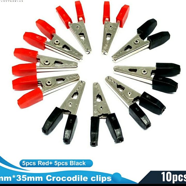 10pcs- Crocodile clips Alligator clips for Electronics work Red and Black - Material: Metal Size:4x35mm Durable and Stable by Akram Electronics