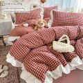 3pcs red,black plaid Duvet Cover Set (1*Duvet Cover + 2*Pillowcase, Without Core), Lace embroidery Bedding Set. 