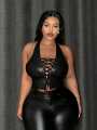 Leather Crop Top for Women with Hanging Neck Strap Hollow out Belted Waist Tight Strap Vest Large Size European Style. 