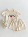 2psc Summer Newborn Infant Baby Girls Boy Movement Fallow Lapel T-Shirt + Shorts Printing Set Kids Muslin Fashion Baby Clothing.