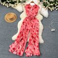 Summer Elegant Women Abstract Print Jumpsuit Chic Streetwear Wide Leg Romper Mujer V Neck Bodycon Sleeveless High Jumps. 