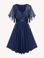 Fashion Women's Plus Size Explosions Star Print Button Pocket Pleats butterfly Sleeve Elegant Temperament Dress. 