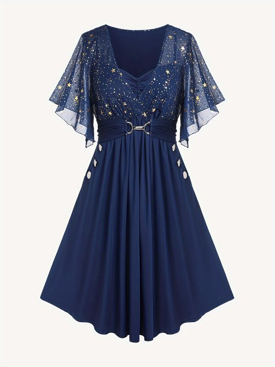 Fashion Women's Plus Size Explosions Star Print Button Pocket Pleats butterfly Sleeve Elegant Temperament Dress