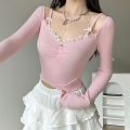 CIBBAR Sweet Off-shoulder Cute Crop Top Lace Patchwork Pink Coquette Aesthetic Slim-fit Long Sleeve Knitted T-shirts Ladies y2k. 