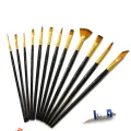 Multi-functional Watercolor Gouache 12 Pcs Short Wood Rod Oil Painting Brush Set Art Tool Beginner Nylon Hair Acrylic Materials. 