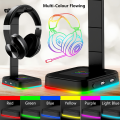 Adjustable Speed RGB Color-Changing LED Gaming Headset Stand with Dual USB Ports for Keyboard Mouse Headphones Phone Charging. 
