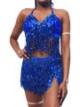 Belly Dance Top Bra Belt Set Latin Sequin Fringe Halter Hip Skirt Party Costume 4 Layer Tassel Stage Performance Cloth Wear.