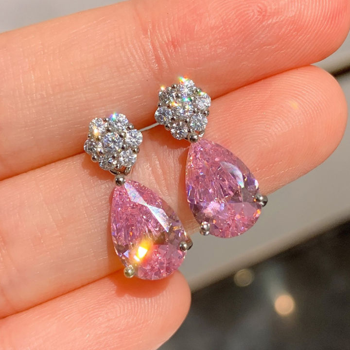Huitan Temperament Sweet Pink Pear Cubic Zirconia Drop Earrings for Women Exquisite Flower Shape Earrings Gift Statement Jewelry