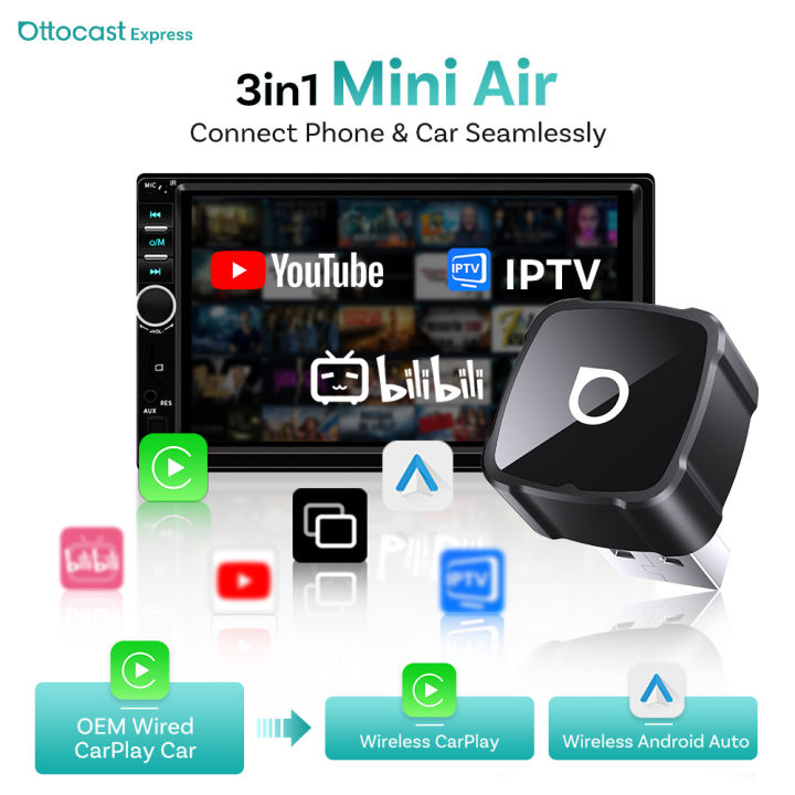 Ottocast Mini Air Wireless CarPlay Adapter 3 in 1 Wireless Android Auto ...