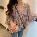 2025 Spring V-neck Chiffon Shirt Women Sweet Tops Blouse New Korean Floral Print Long Sleeve Casual Loose Slim Lady Clothes 9307. 