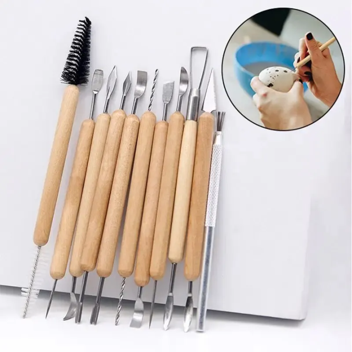 11pcs/set Pottery Tools Wood Double-Ended Wire Knife For Clay Repair, Clay Sculpture Carving Tool Set Ceramic Polymer carveKit
