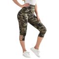 Plus Size Women's Camo Capri Leggings with Side Stripe Cutouts Stylish High Elasticity Knit Sporty  Fashionable Casual Pants. 