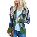 Cardigan single breasted stripe color long sleeve coat woman. 