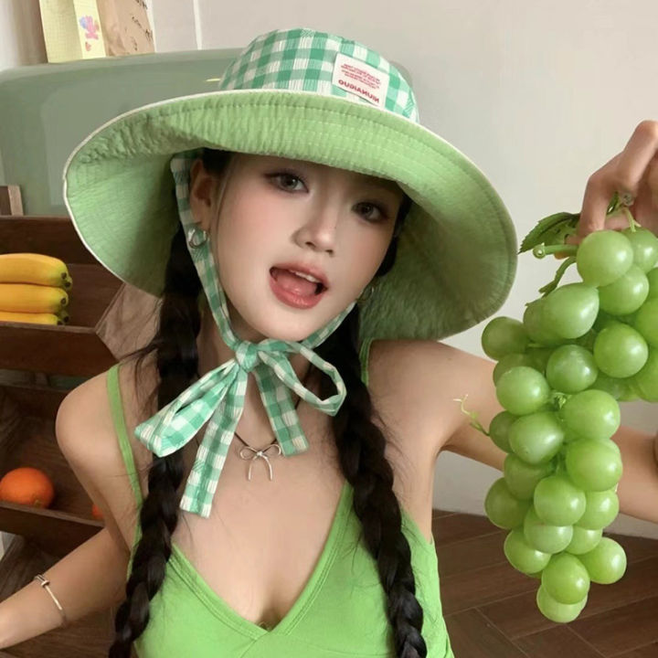 Double-sided%20Plaid%20Wide-edged%20Lace-up%20Bucket%20Hat%20Summer%20Outdoor%20Versatile%20Sunscreen%20Sweet%20Contrasting%20Color%20Plaid%20Women's%20Caps%20-%20Image%202