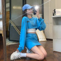 Set of 2 pieces Women's long-sleeved crop top + A-line short skirt Korean-style girl's dress Korean Cute Korean girl set. 