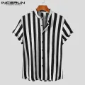 INCERUN Man Stylish Button Blouse Summer Casual Tops Masculina Fashion Striped Men's Shirts Short Sleeve Stand Collar Shirts 5XL. 