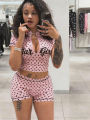 Kliou Polka Dot Print 2 Piece Set Woman Zip Turtleneck Short Sleeve Crop Tops+Skinny Shorts Street Fashion Style Outfits.