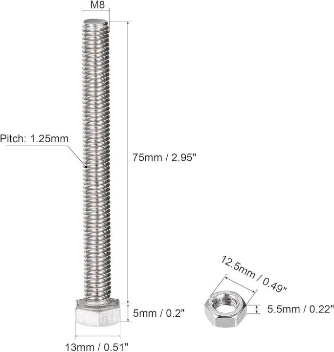 6-Pc Set of Stainless Steel SS304 Hexagonal Head Screw / Hexa Head Bolts - M8 x 75mm complete with Nuts and Washers