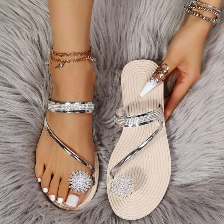 Flat%20Sandals%20for%20Women%20Dressy%20Summer%20Sparkly%20Rhinestone%20Slide%20Beach%20Shoes%20Women's%20Dress%20Shoes%20Bling%20Trendy%20Ladies%20Sandals%20-%20Image%202