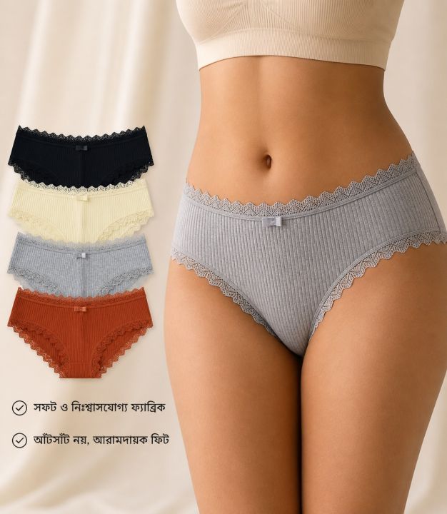 Pure Cotton Panty Lace Women Mid Waist Stripe Cotton Panties Antibacterial Intimate  Panty