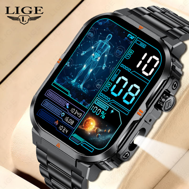 LIGE Smart Watch For Android iOS Men IP68 Waterproof Outdoor Sport Tracker LED Flashlight Bluetooth Call Man Smartwatch