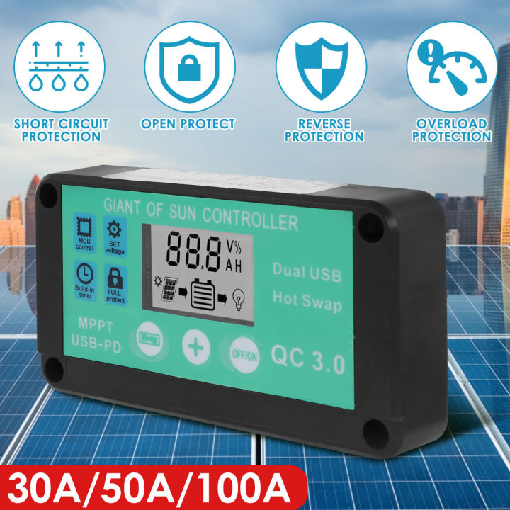 MPPT Solar Charge Controller 30A 50A 100A Dual USB LCD Display 12V 24V ...