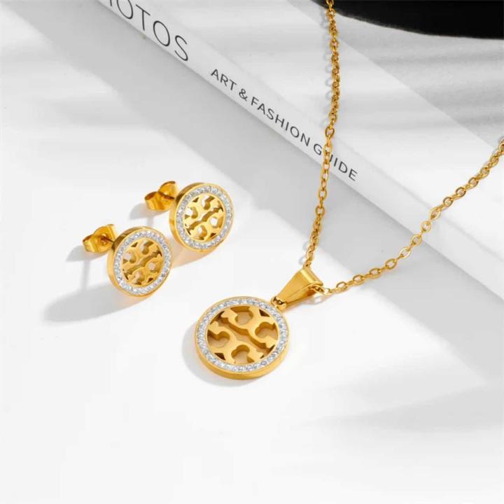 Tory Burch Set Gold Plated Necklace & Earrings Set for Women – Round Cutout Pendant Jewelry with Crystal Accents | Stylish Fashion Jewelry Gift