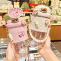 500ml Cute Rabbit Ear Plastic Water Bottles With Straw For Girls Kids Portable Strap Student Bottle With Cup Cover. 