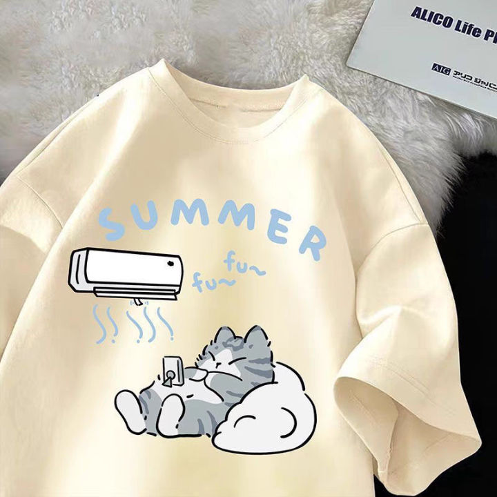 Summer Japanese Cartoon Cute Cat Funny Printed Short-sleeved T-shirt for Ladies and Boys Same Loose Casual Large-size Top
