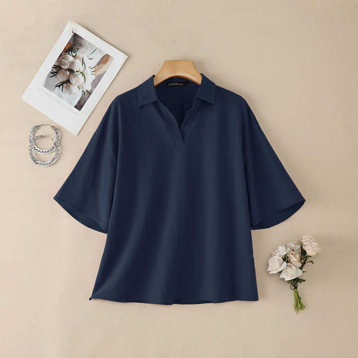Women%20Summer%20Blouse%202026%20ZANZEA%20Fashion%20Office%20OL%20Shirt%20Lapel%20Neck%203/4%20Sleeve%20Solid%20Tunic%20Stylish%20Casual%20Cotton%20Work%20Tops%20Femme%20-%20Image%207