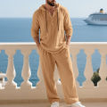 Cross-border Autumn Linen Men's Casual Suit Loose Hooded Henley Shirt Long Sleeve Pants Suit. 
