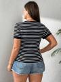 Hot Sale Leisure Striped Versatile Comfortable F-Neck Plus Size Women's T-Shirt.