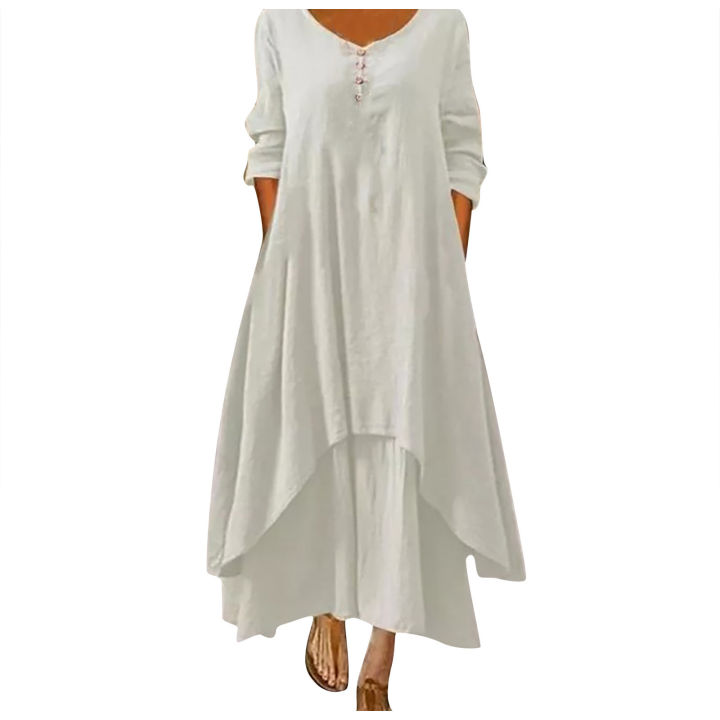 Cotton%20Women'S%20Casual%20Fashion%20Loose%20Long%20Dress%20With%20Button%20Solid%20Color%20Dresses%20-%20Image%205