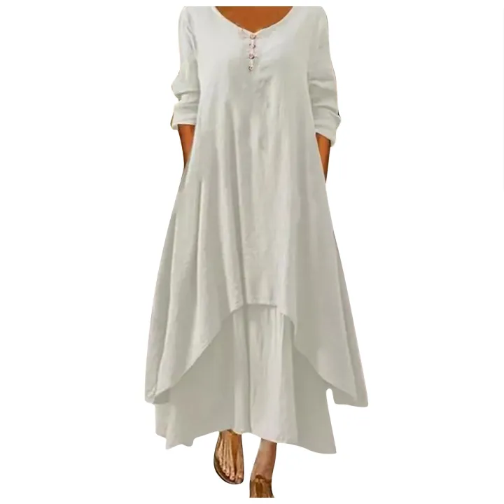 Cotton%20Women'S%20Casual%20Fashion%20Loose%20Long%20Dress%20With%20Button%20Solid%20Color%20Dresses%20-%20Image%205