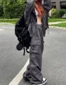 Y2K Parachute Black Pants Women Hippie Streetwear Oversize Pockets Cargo Trousers Harajuku Wide Leg Baggy Sweatpants. 