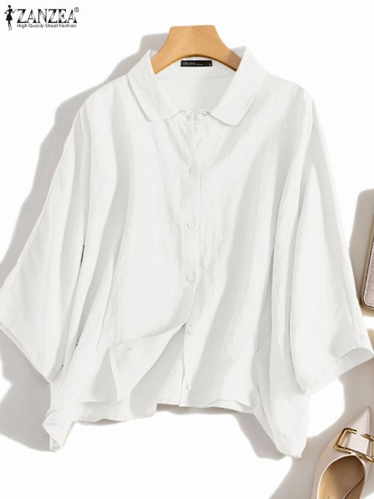 ZANZEA%20Summer%20Fashion%20Lapel%20Neck%20Shirt%20Women%20Elegant%203/4%20Sleeve%20Blouse%20Work%20Buttons%20Down%20Tops%20Tunic%20Female%20Casual%20Loose%20Blusas%20-%20Image%203